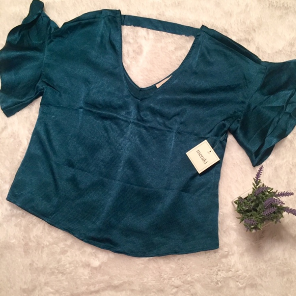 Meraki blue elegant Silky satin v-neck bell short sleeve Blouse top